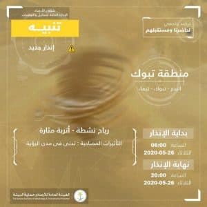 “الأرصاد”: رياح نشطة وأتربة مثارة على منطقة تبوك