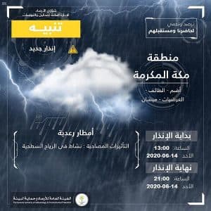 “الأرصاد”: أمطار رعدية  على محافظات الطائف وميسان وأضم والعرضيات
