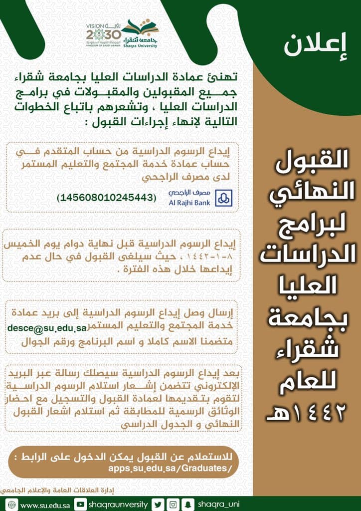 جامعة شقراء تعلن نتائج القبول لمرحلة الماجستير