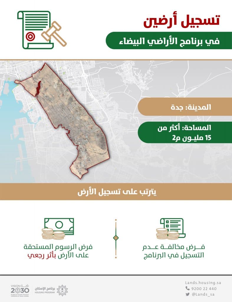 “الأراضي البيضاء”: تسجيل أرضين بمساحة 15,3 مليون م2 في جدة وفرض الرسوم عليها بأثر رجعي