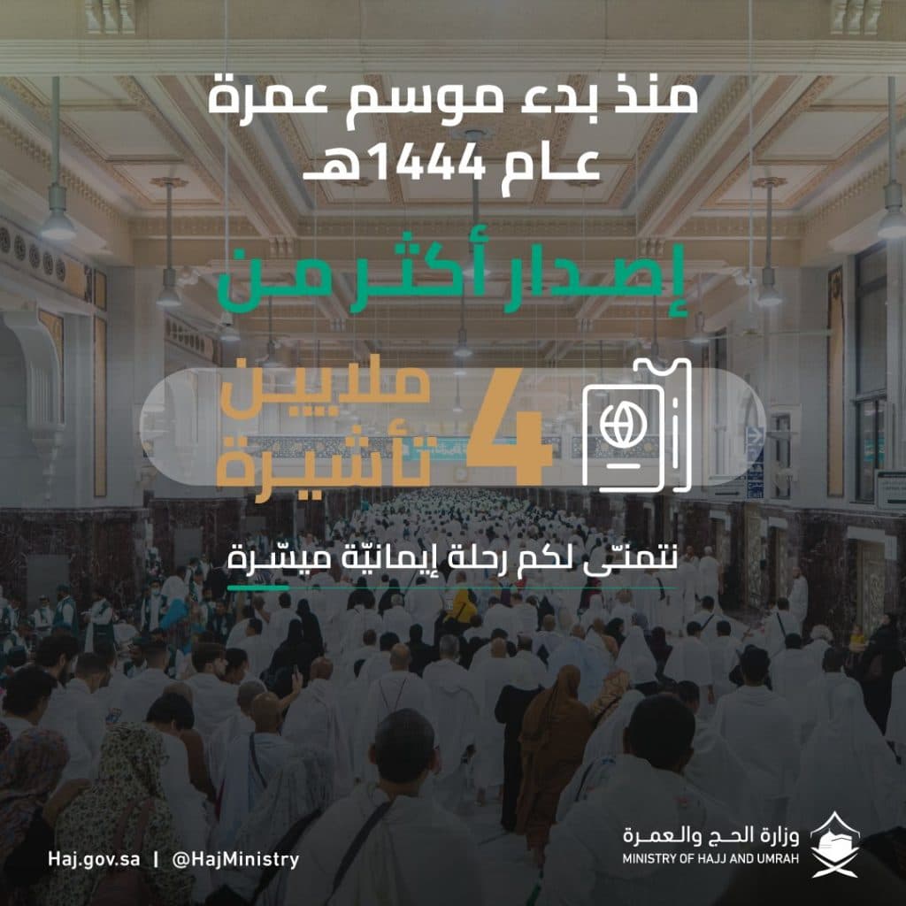 “الحج والعمرة” تُعلن إصدار 4 ملايين تأشيرة للمعتمرين خلال 5 أشهر