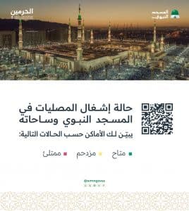 مع كثافة إقبال الزوار.. “حالة إشغال المصليات” تتيح لرواد المسجد النبوي معرفة المواقع الشاغرة