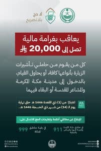 ضبط 60 وافدًا من حاملي تأشيرات الزيارة لمخالفتهم أنظمة وتعليمات الحج