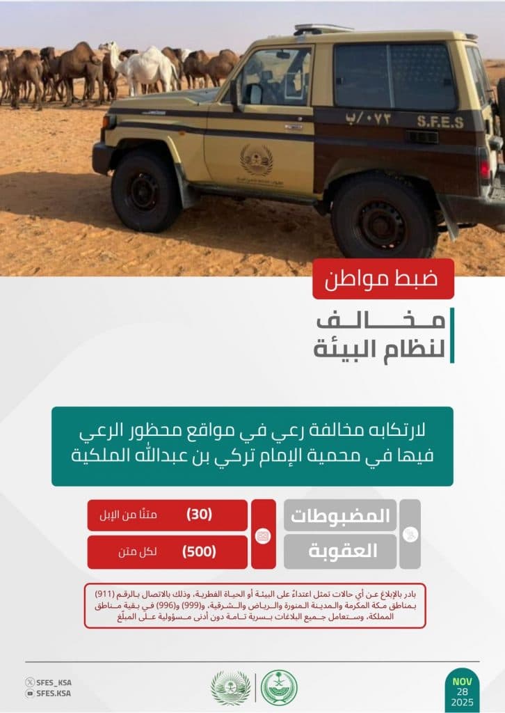 القبض على شخصين مخالفَين للأنظمة البيئية في محمية الإمام تركي بن عبدالله الملكية والمنطقة الشرقية