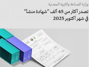 في إطار دعمها للمصدرين بمختلف القطاعات.. “الصناعة” تصدر 45595 “شهادة منشأ” خلال شهر أكتوبر 2025