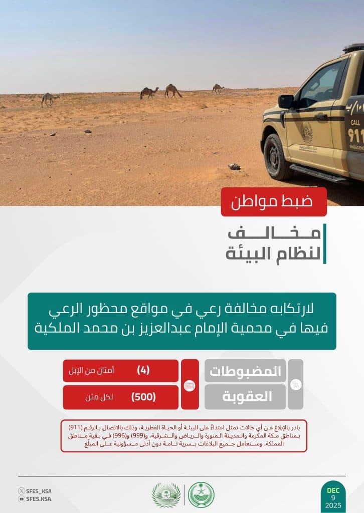 القبض على 4 أشخاص لمخالفتهم الأنظمة البيئية بعدد من مناطق المملكة