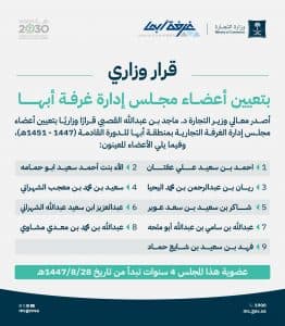 وزير التجارة يصدر قرارًا وزاريًا بتعيين أعضاء مجلس إدارة غرفة أبها
