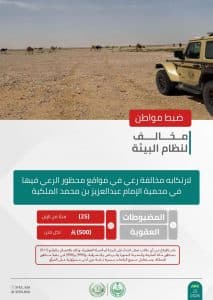 الأمن البيئي يضبط مخالفًا لنظام البيئة لارتكابه مخالفة رعي في محمية الإمام عبدالعزيز بن محمد الملكية