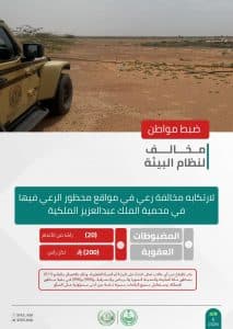 القبض على شخصين لمخالفتهما الأنظمة البيئية بمحميتَي الملك عبدالعزيز والأمير محمد بن سلمان الملكيتَين