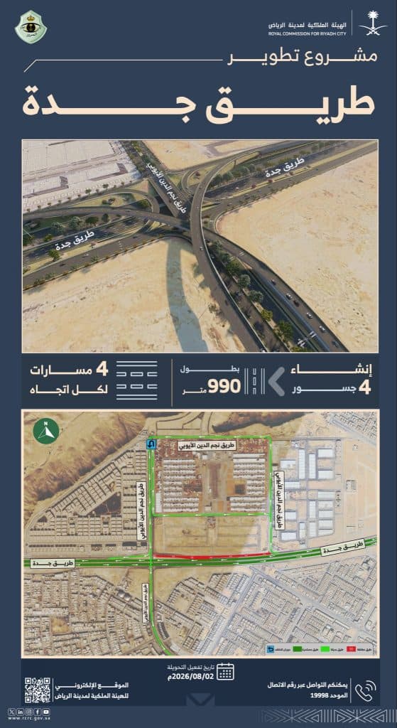 الهيئة الملكية لمدينة الرياض تبدأ تنفيذ جسور تقاطع نجم الدين الأيوبي ضمن مشروع تطوير طريق جدة
