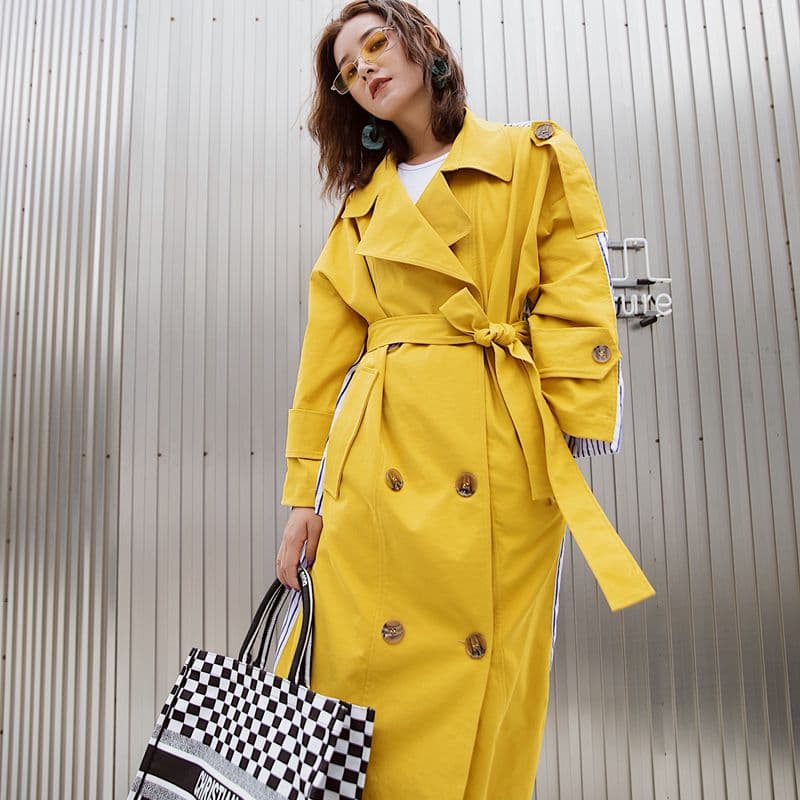 Korean-Women-Clothes-2018-Autumn-Windbreaker-Female-Long-Coat-New-Style-Striped-Stitching-Yellow-Winter-Trench