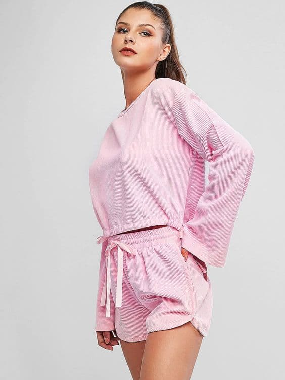 Pink-Striped-Texture-Drawstring-Corduroy-Top-And-Shorts-Set