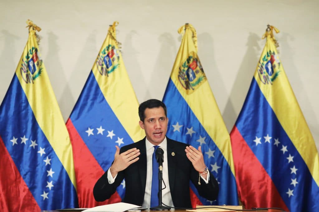 Venezuelan opposition leader Juan Guaido speaks during a news conference in Caracas