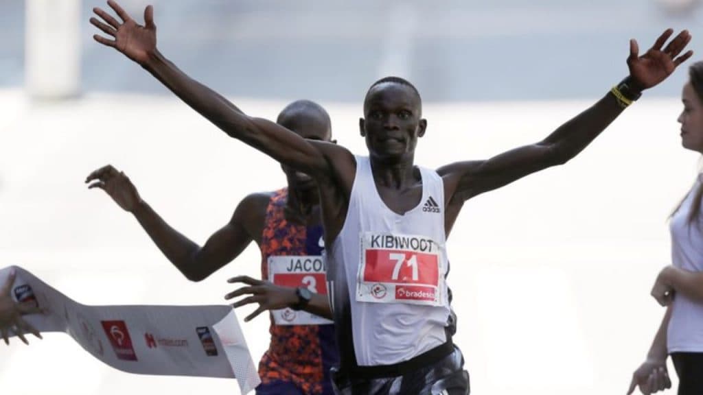 Kibiwott Kandie of Kenya crosses the finish line to win the annual “Sao Silvestre Run” in Sao Paulo