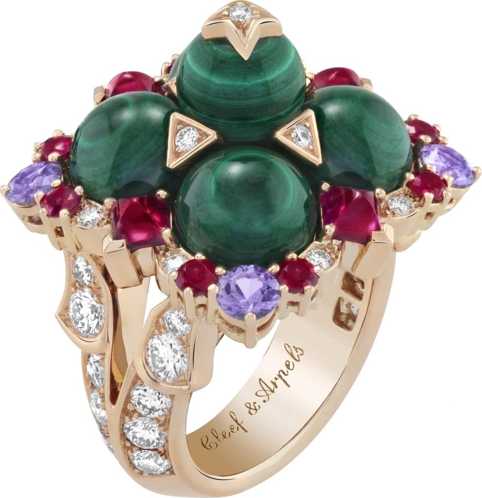 Perlina ring. Rose gold, rubies, mauve sapphires, malachite, diamonds.