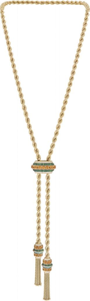 Liane long necklace. Yellow gold, citrines, malachite, diamonds.